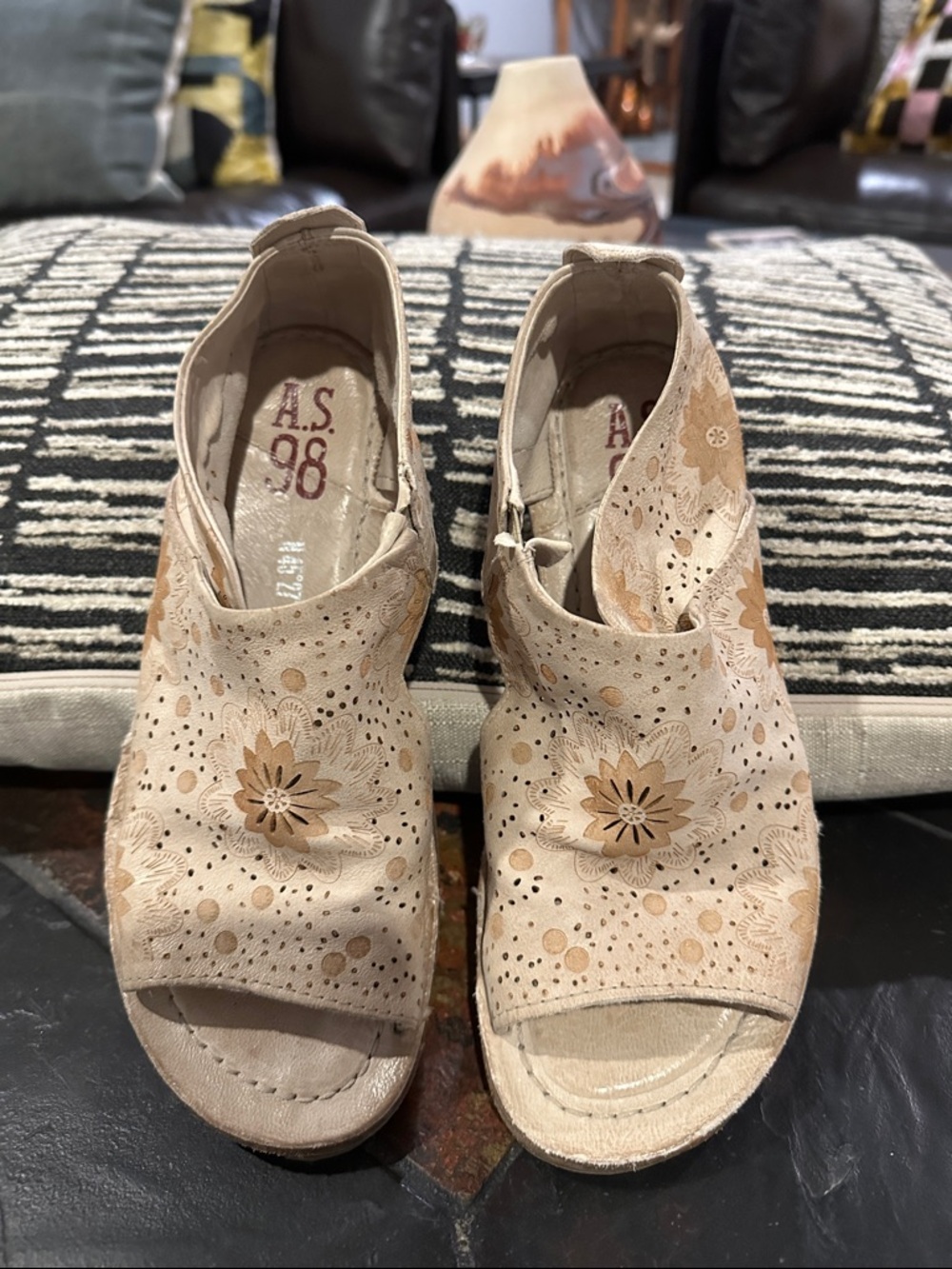 AS98 Reiley Beige Floral Perforated Slip-On Sandals